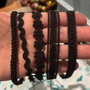 Set of five Black fabric choker necklaces, with gold tone clasps